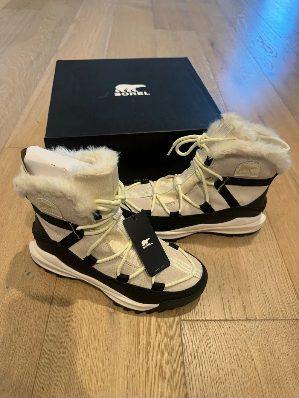 Sorel Ivory and Black Lace-Up Faux-Fur Winter Boot